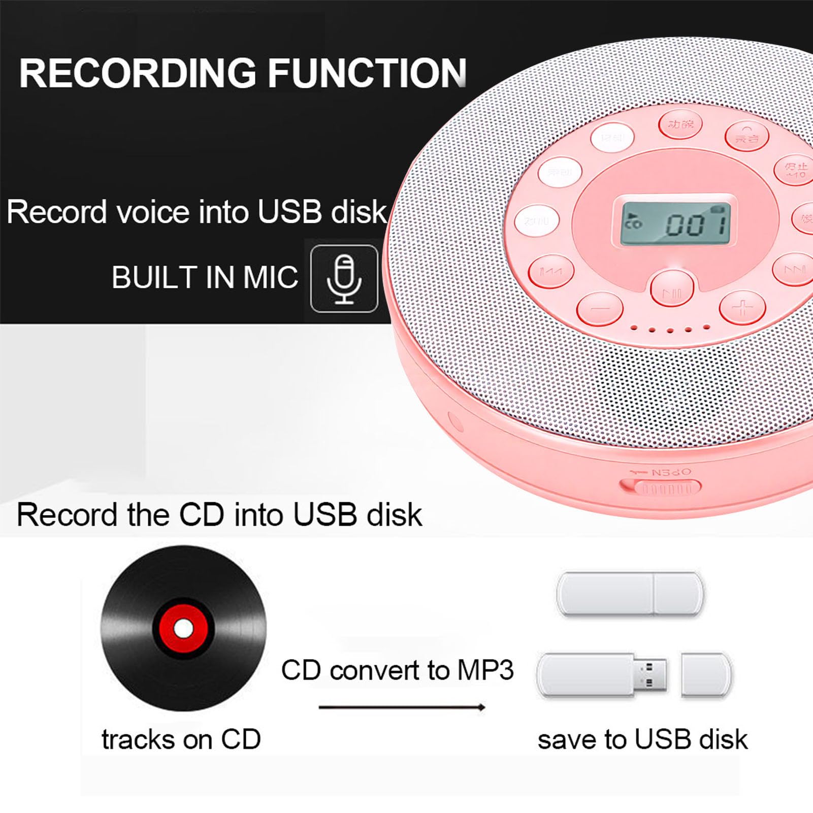 Generic Reproductor de CD Portátil con Batería de 2600 MAh, Reproducción de Memoria (Pink)