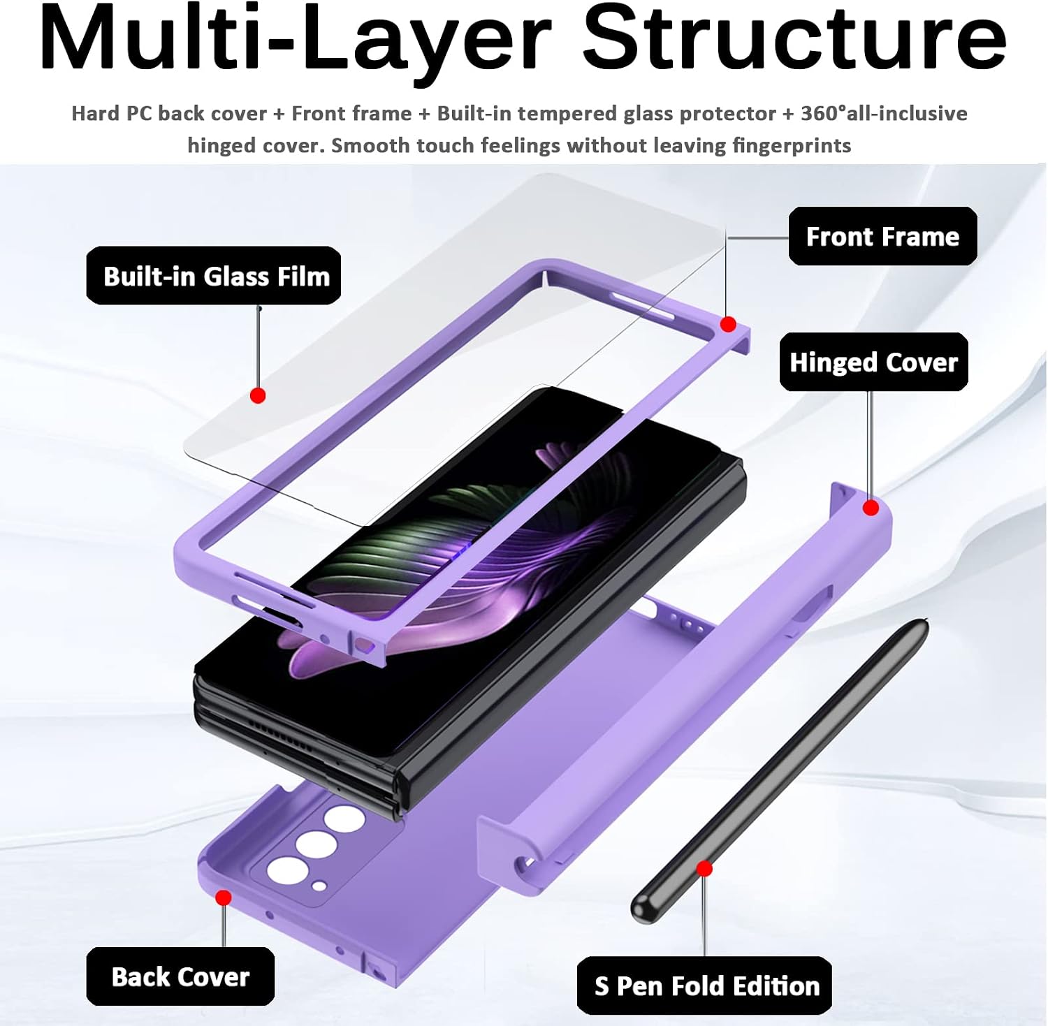 Miimall Compatible for Samsung Galaxy Z Fold 2 Case Hinge with S Pen, Hinged+Stylus Pen+Pen Holder+Tempered Glass Screen Protector, Full Coverage Ultra-Thin Bumper Case for Galaxy Z Fold 2(Violet)