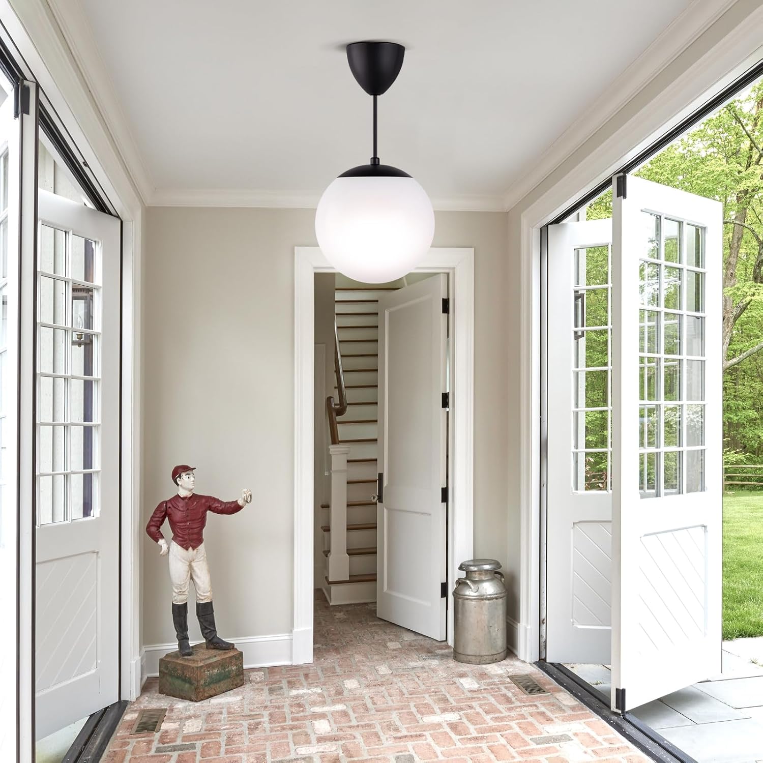 Modern Pendant Light Fixture Pendant Light 1-Light Mid Century Chandelier Large 10” White Globe Glass Shade Black Finished Hanging Light Fixture for Kitchen Island Dinning Room