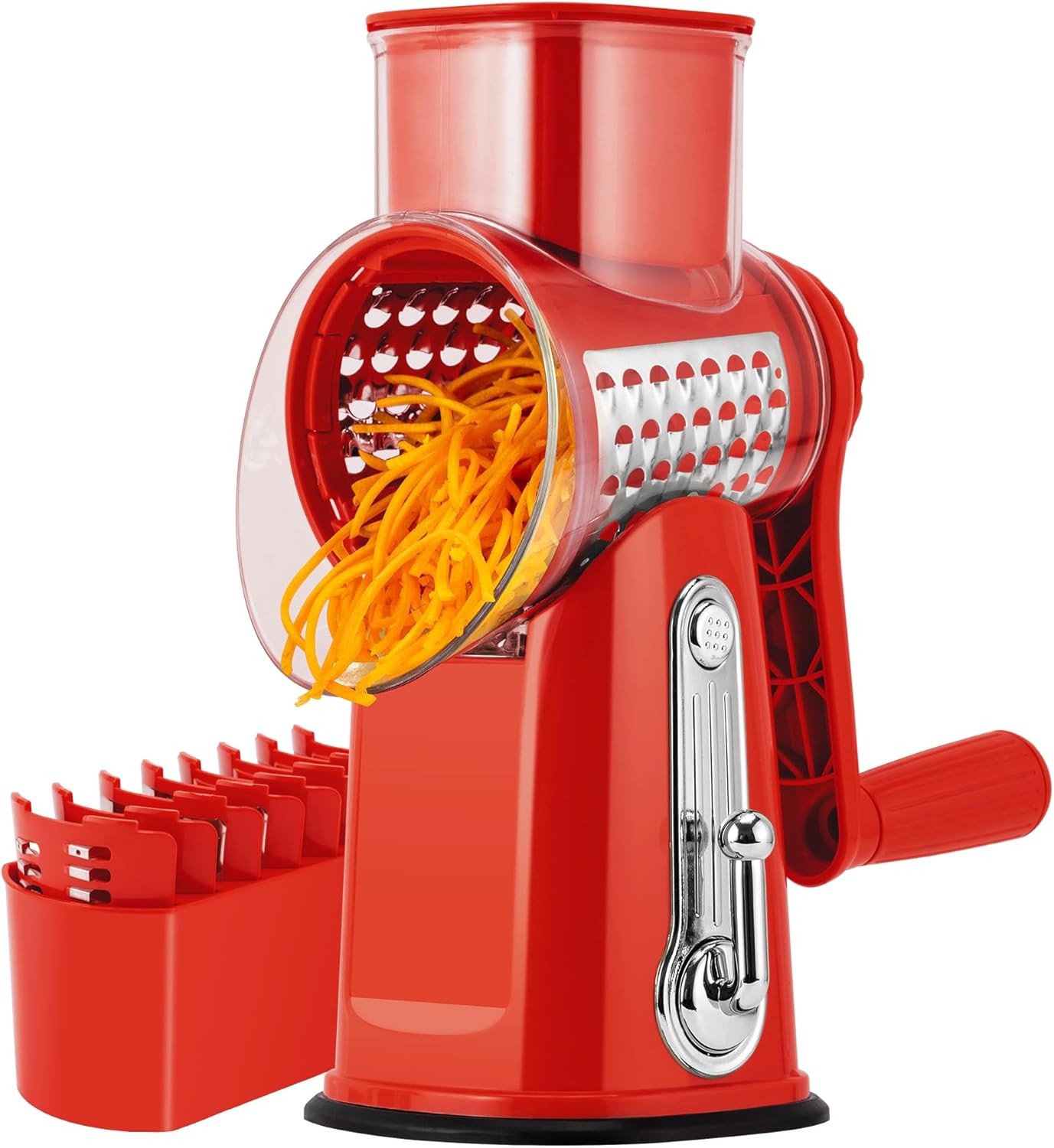 SUSTEAS Rotary Cheese Grater with Handle - Vegetable Shredder with 5 Well-designed Blades & Strong Suction Base,Round Mandoline Slicer & Food Chopper for Kitchen,with Blade Storage Box(Black)