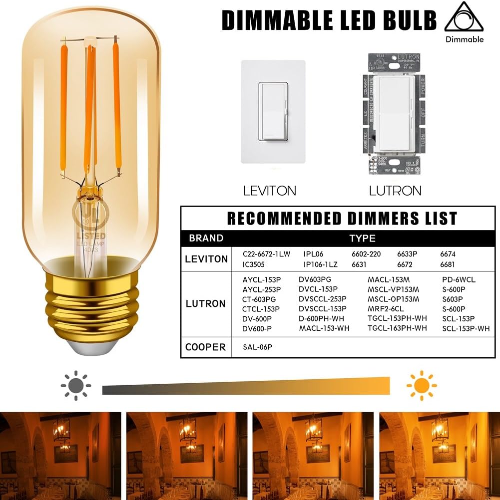 Emotionlite LED Light Bulbs, E26 Dimmable Vintage Edison Tubular Bulb, 40W Equivalent, Amber Yellowish, 4W, 2200K, 300LM, Medium Base, UL Listed, 6 Pack