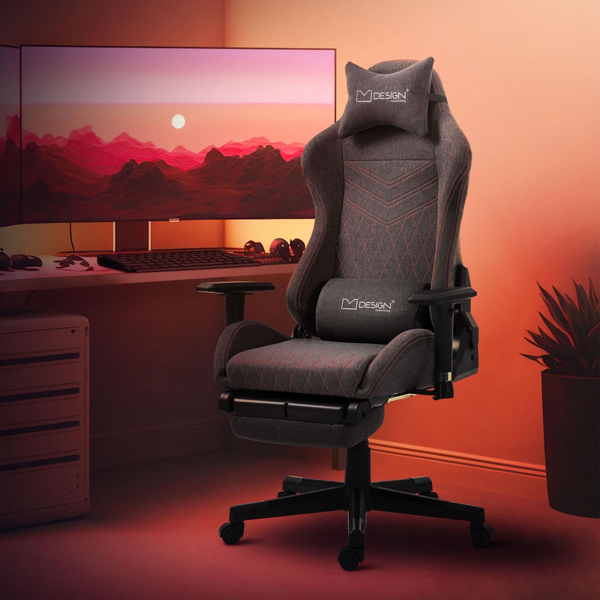 ML-Design Sedia da Gaming Ergonomica con Poggiapiedi Braccioli e Schienale Regolabile in Tessuto Grigio Rosso per Ufficio Cuscini Inclusi Supporto per Gambe Lombare e Poggiatesta