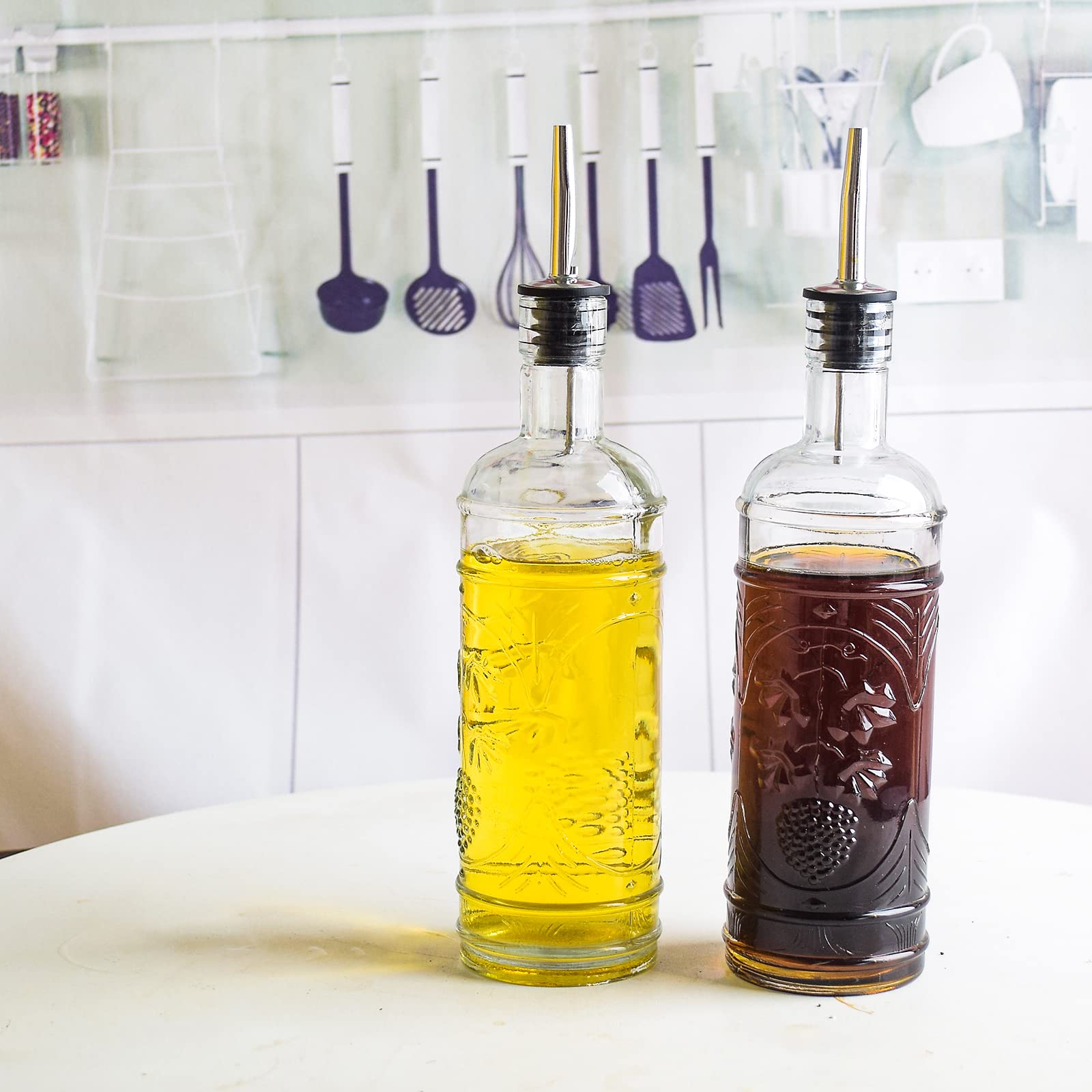 eleganttime Juego de 2 dispensadores de aceite y vinagre de vidrio de 16 onzas, botella dispensadora de aceite de oliva superior a prueba de fugas, fuerte con corcho para cocinar en la cocina, con
