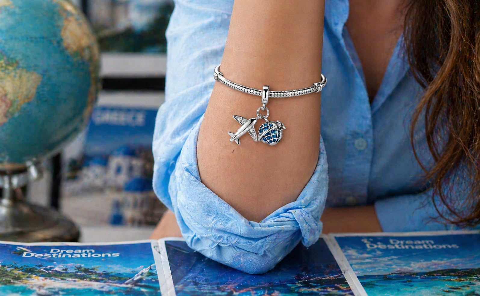 Pendentif Voyage Compatible Toutes Les Marques Monde Globe Avion Valise Passeport Charm Argentée Breloque Bead