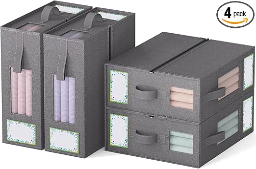 Bed Sheet Organizers and Storage, 4 Pack Foldable Linen Closet Organizers (King Size),Bedding Organizer Storage with Upgraded Windows and Handles,for Duvet Cover Set Clothes Blankets (Grey, 4 Pack)