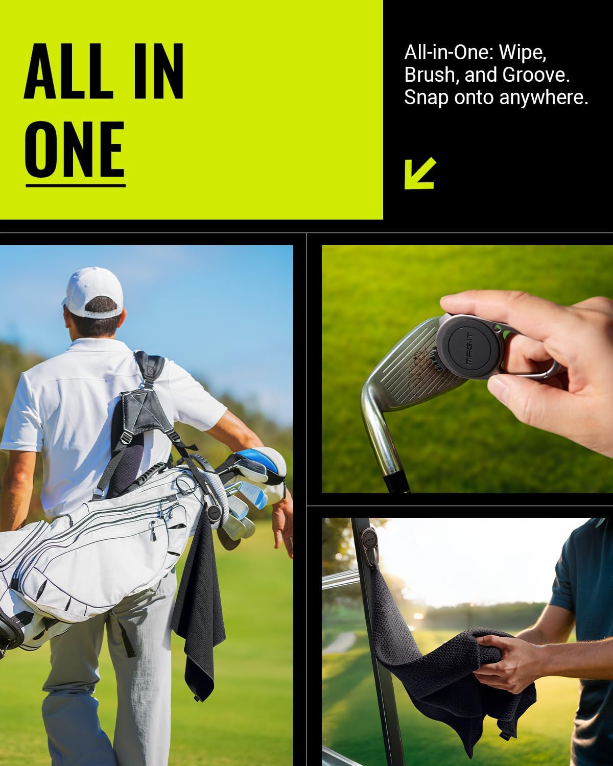 MAG-iT Magnetic Golf Towel with Carabiner | Strong Magnet, Ultra-Absorbent Microfiber, Groove Cleaner for Golf Bags - Black - Image 2