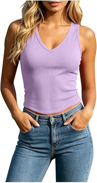 Womens Deep V Neck Tank Tops Summer Sleeveless Ribbed Stretchy Slim Fit Workout Shirts