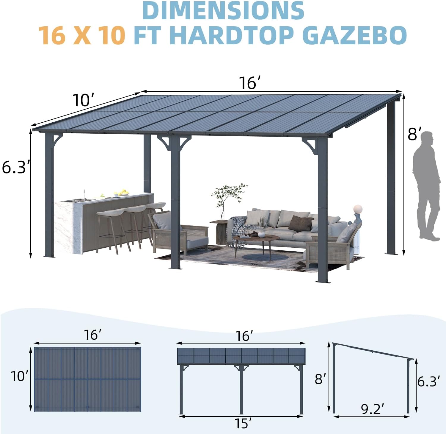 Diagram illustrating the dimensions of the U-MAX 16x10 Hardtop Gazebo