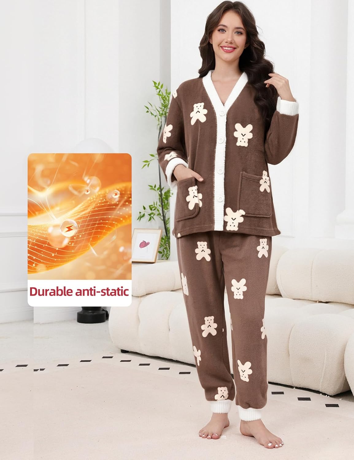 Gihuo Fleece Pajamas for Women Set Fuzzy Warm 2 Piece Winter Sleepwear Soft Cozy Pjs with Pockets - Image 3