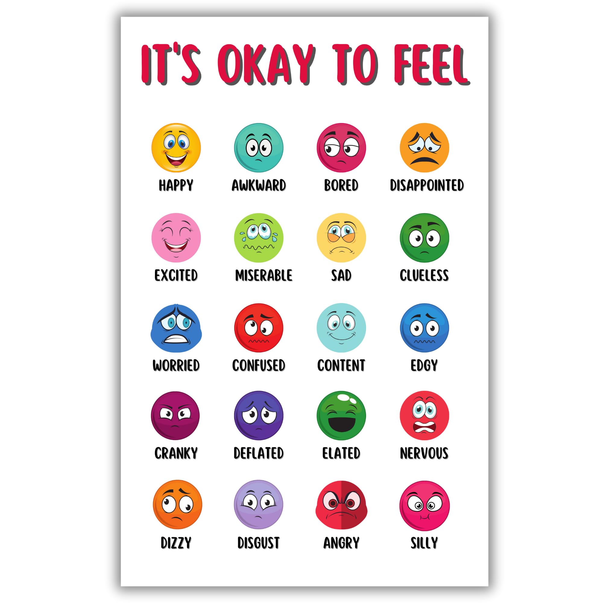 Aldera Graphics Colorful Feelings Chart Poster - Learning Emotions Chart for Kids - 11x17 in. Laminated - No Frame
