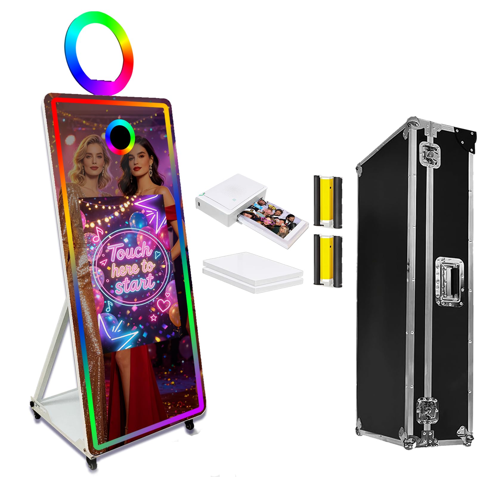 Lustrzana fotobudka do selfie, ramka LED, przenośny ekran dotykowy, magiczna budka lustrzana, maszyna na imprezy weselne (biała maszyna, 150 cm fotobudka + mini drukarka)