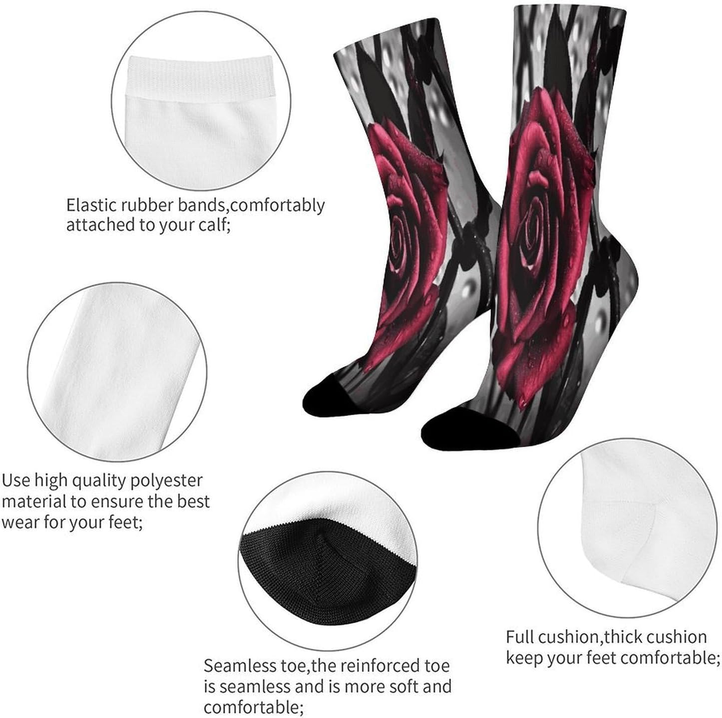 Gothic Roses Crew Sock High Stocking Grippy Socks | Socks for Men & Women,Stockings-Long Thin Tube Sports, Breathable Soft Athletic for Nurses,Travel