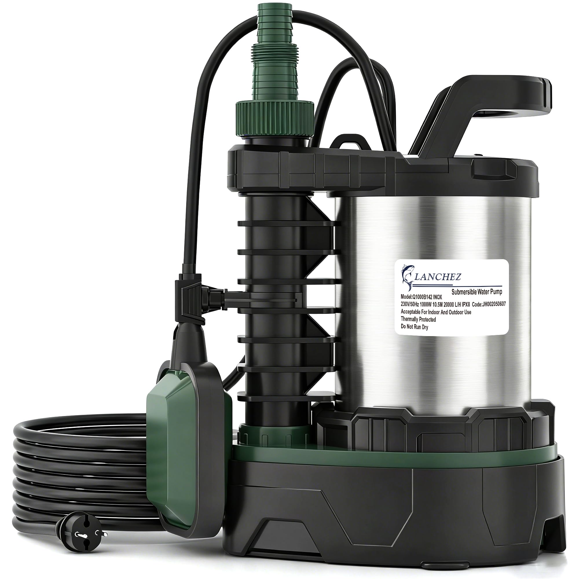 LANCHEZ Pompe submersible 1000 W, débit 20 000 l/h, mode eaux usées / eau propre, hauteur de refoulement 10,5 m, profondeur d'immersion 7 m, acier inoxydable, interrupteur à flotteur réglable