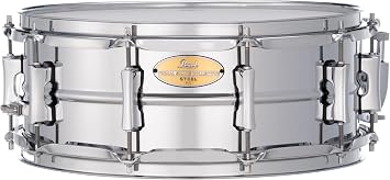 Pearl Primal Snare Collective 14"x5.5" Steel Snare Drum with Beaded 1mm Shell, Polished Chrome Finish, 2.3mm Triple-Flanged Hoops, Dual Tension lugs, and deluxe strainer.