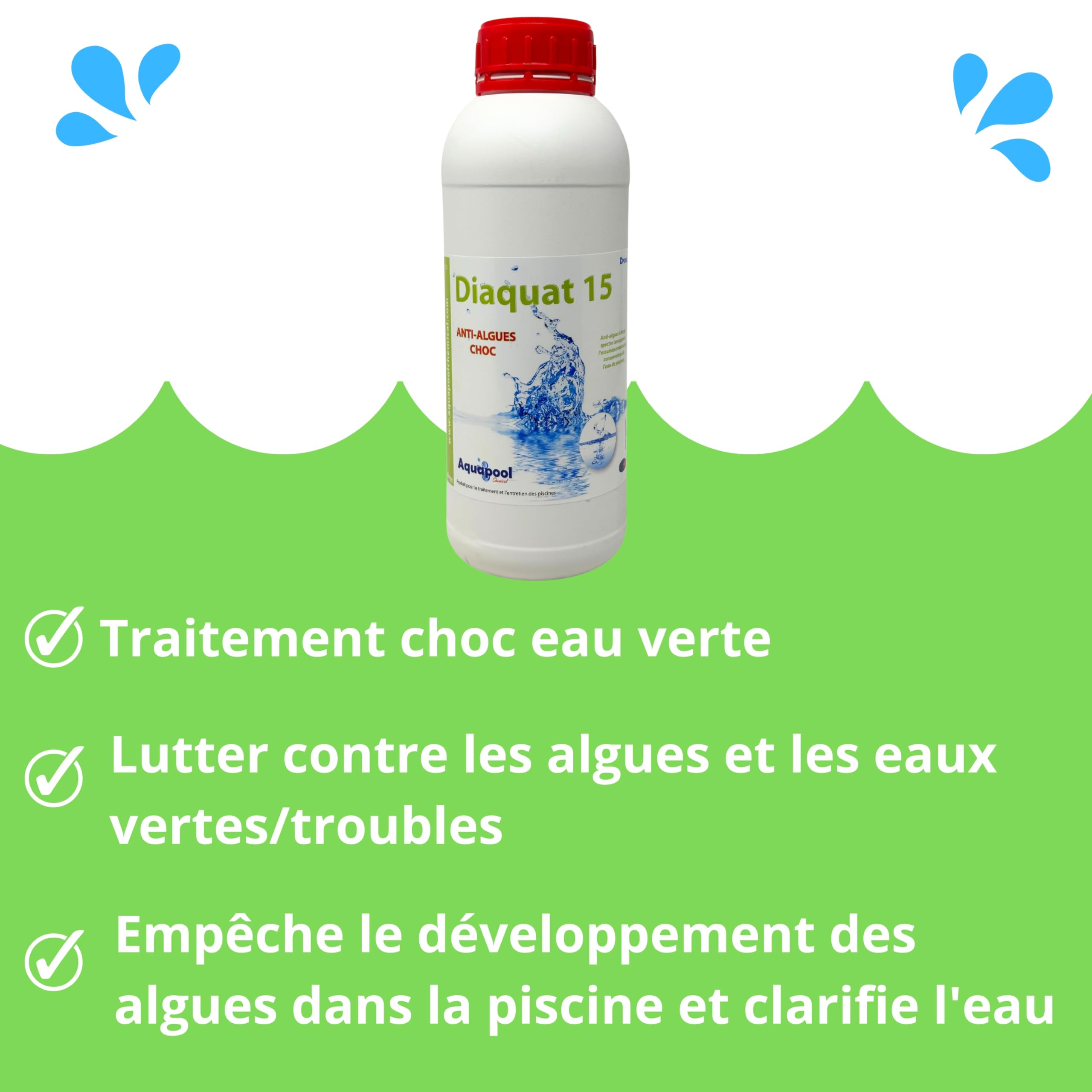 Algicide Anti Algues Piscine, rattrapage Choc Eau Verte │Anti Eau Verte/Trouble, Traitement Anti-algues 1L et 5L │Produit Stop algues et récupération des eaux Troubles (1L)