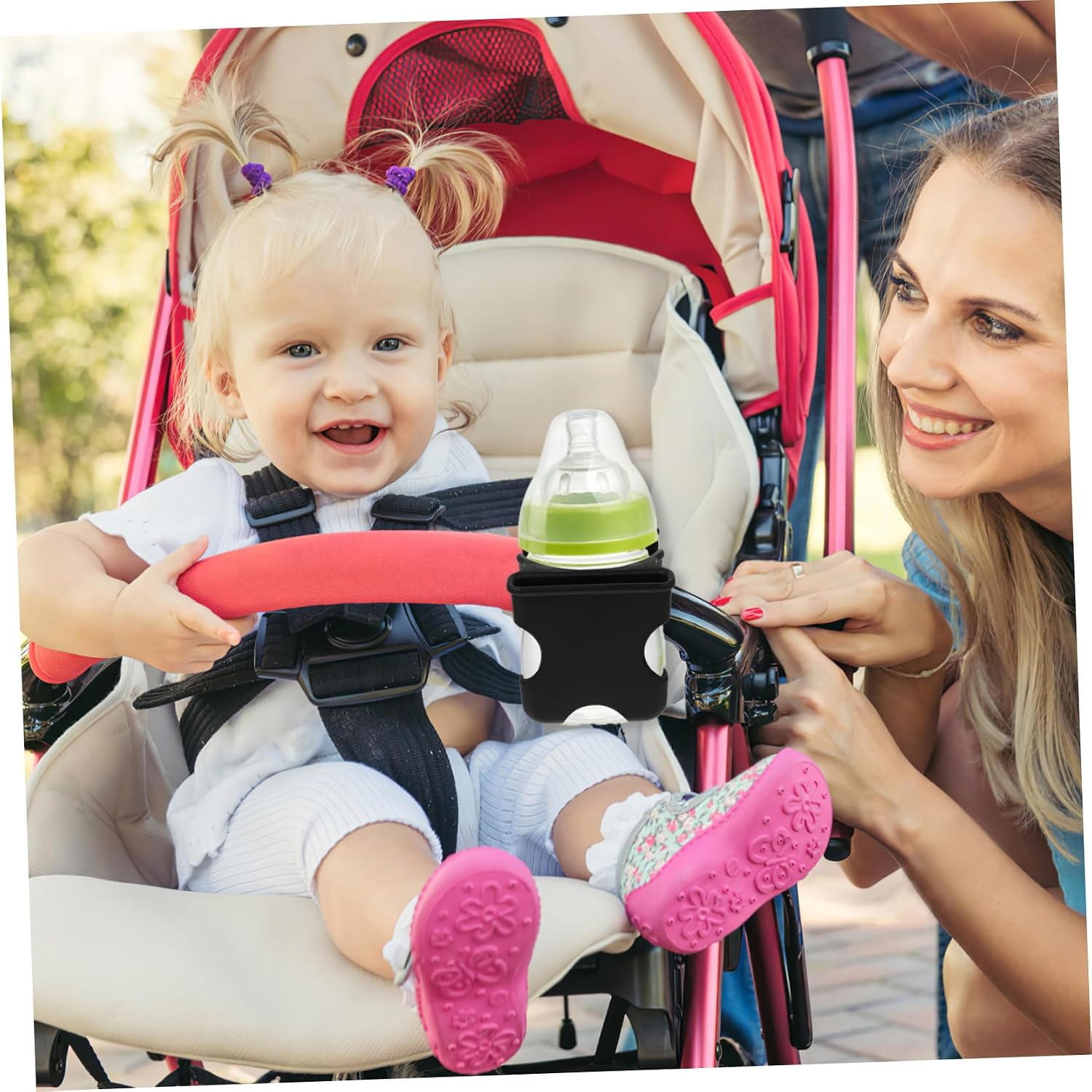 BESTonZON Universal Cup Holder for Strollers 2-in-1 Beverage Holder Drainage for Water Bottles and Baby Bottles Portable Drink Rack for Parents Go