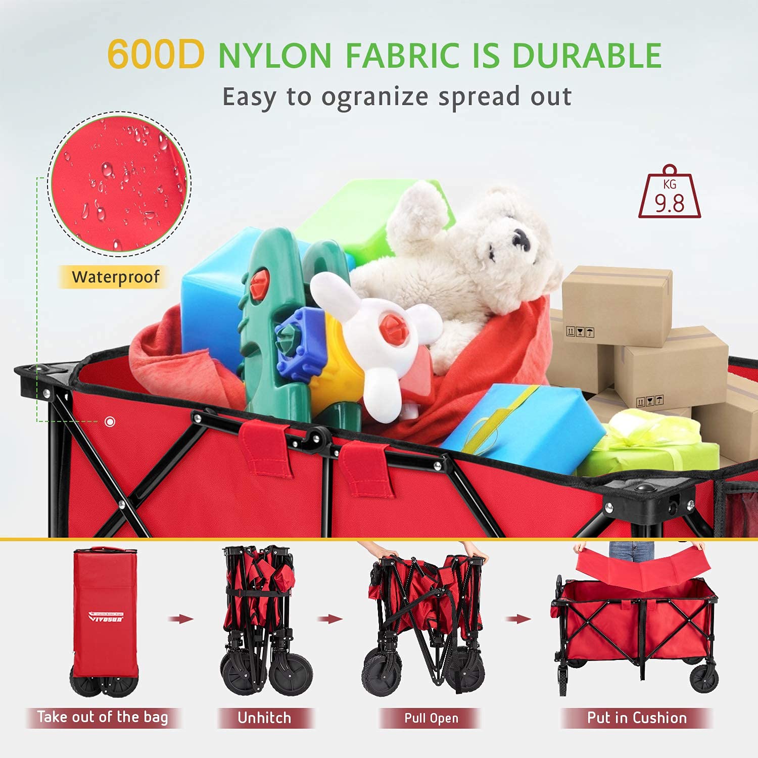 VIVOSUN Heavy Duty Folding Collapsible Wagon Utility Outdoor Camping Cart with Universal Wheels & Adjustable Handle, Red