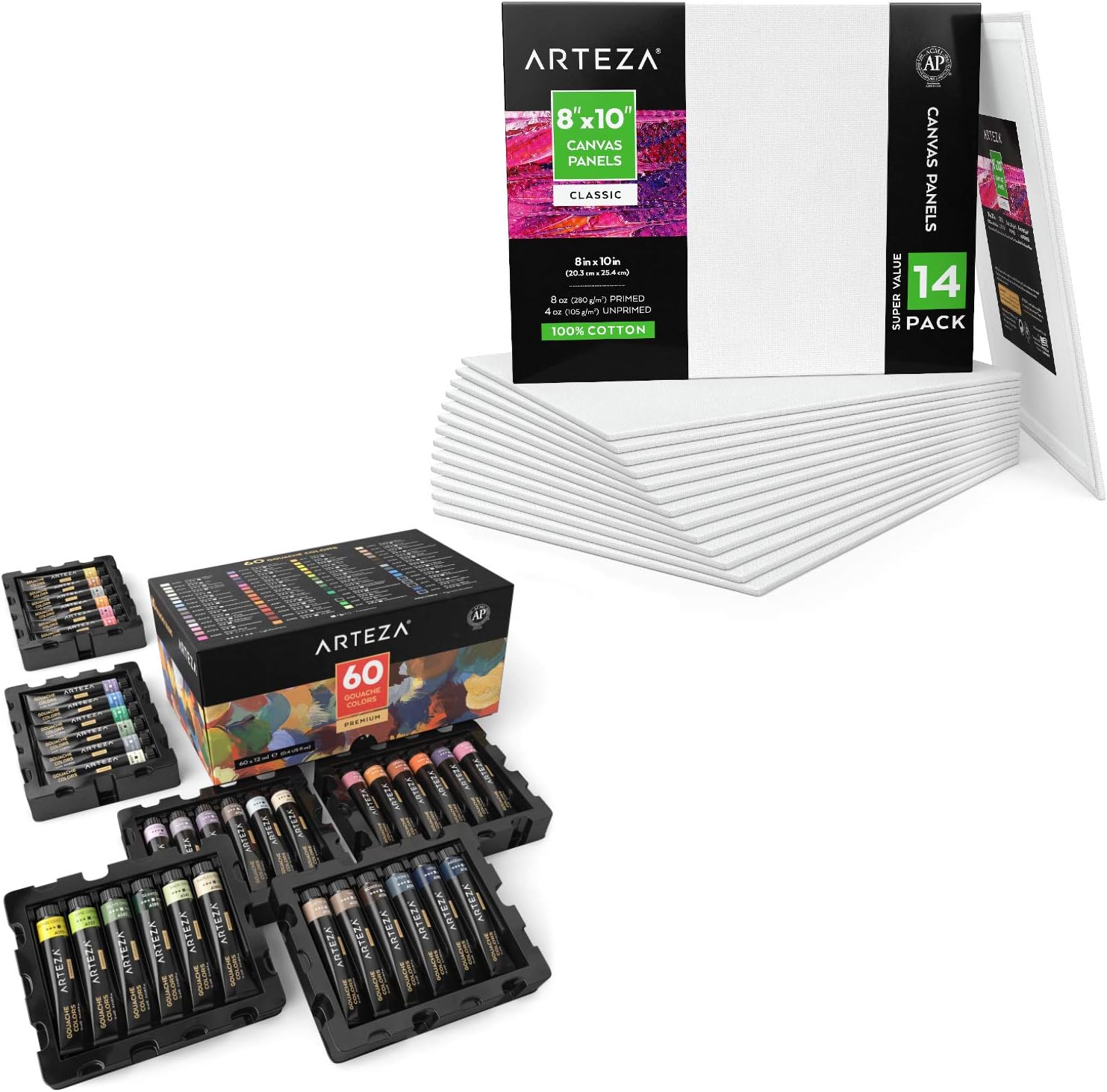 ARTEZA Gouache Paint and Canvas Bundle, Painting Art Supplies for Artist, Hobby Painters & Beginners
