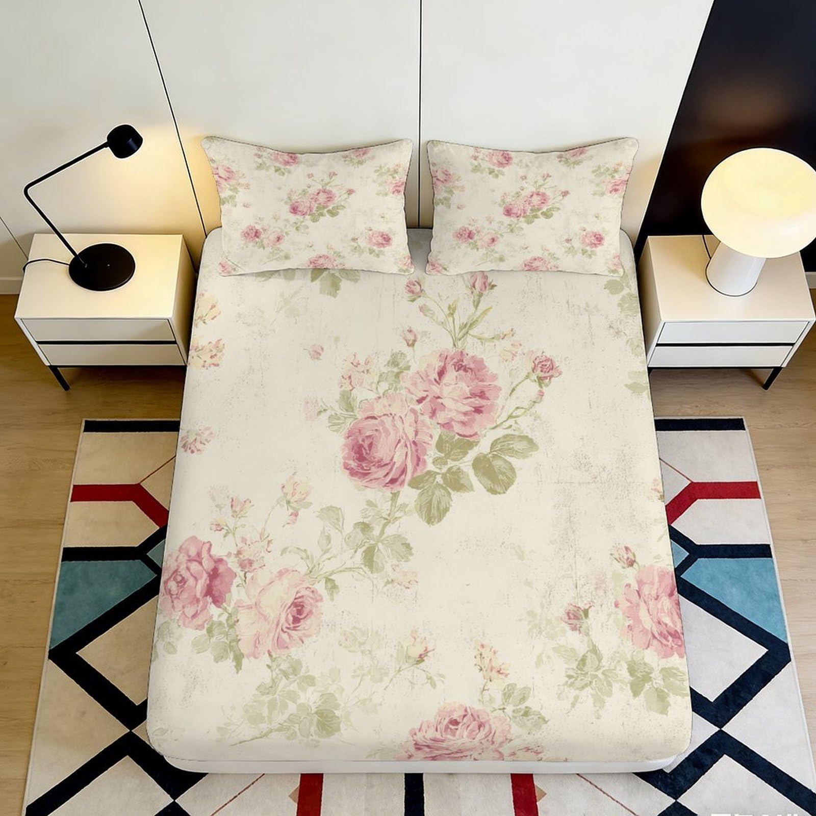 3D Printed Vintage Peony Fitted Sheet Microfiber Soft Pink Floral Mattress Cover for Bedroom Guest Room Decor 90x200x25cm