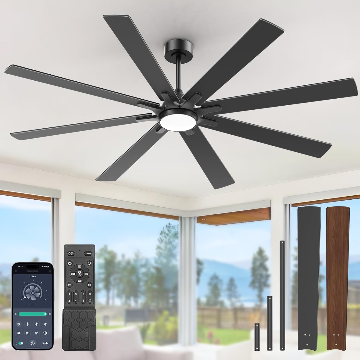 ceiling fans with light,72 inch ceiling fan with light and remote?dimmable,3cct?6 speeds,reversible?noiseless,black large ceiling fan for living room,covered patio,workshop black 72 inch