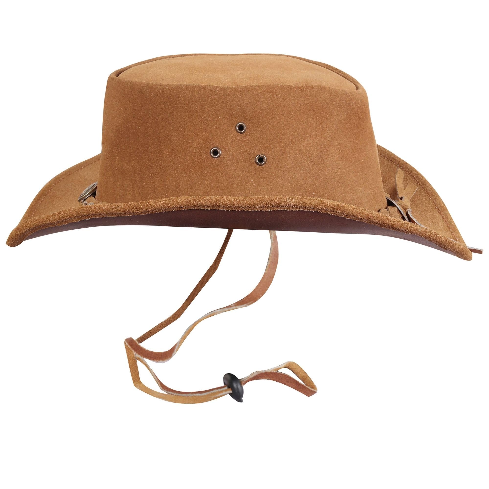 URBAN 5884 Sombrero Vaquero de Cuero de Ante Auténtico, Sombrero Cowboy para Hombre/Mujer, con ala Ancha y Barboquejo Ajustable