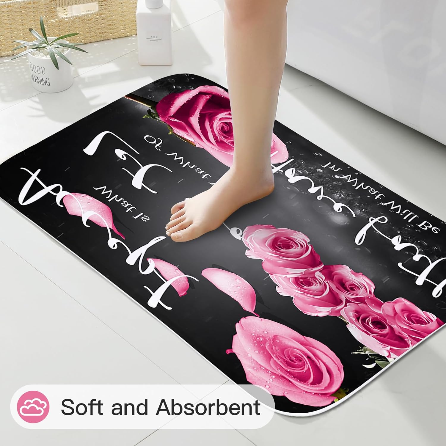 4 Pcs Pink Rose Shower Curtain Sets with Non-Slip Rug, Toilet Lid Cover and Bath Mat, Thankful Grateful Blessed Black Red Retro Elegant Shower Curtain Valentine's Day Bathroom Set(Hooks Not Included)