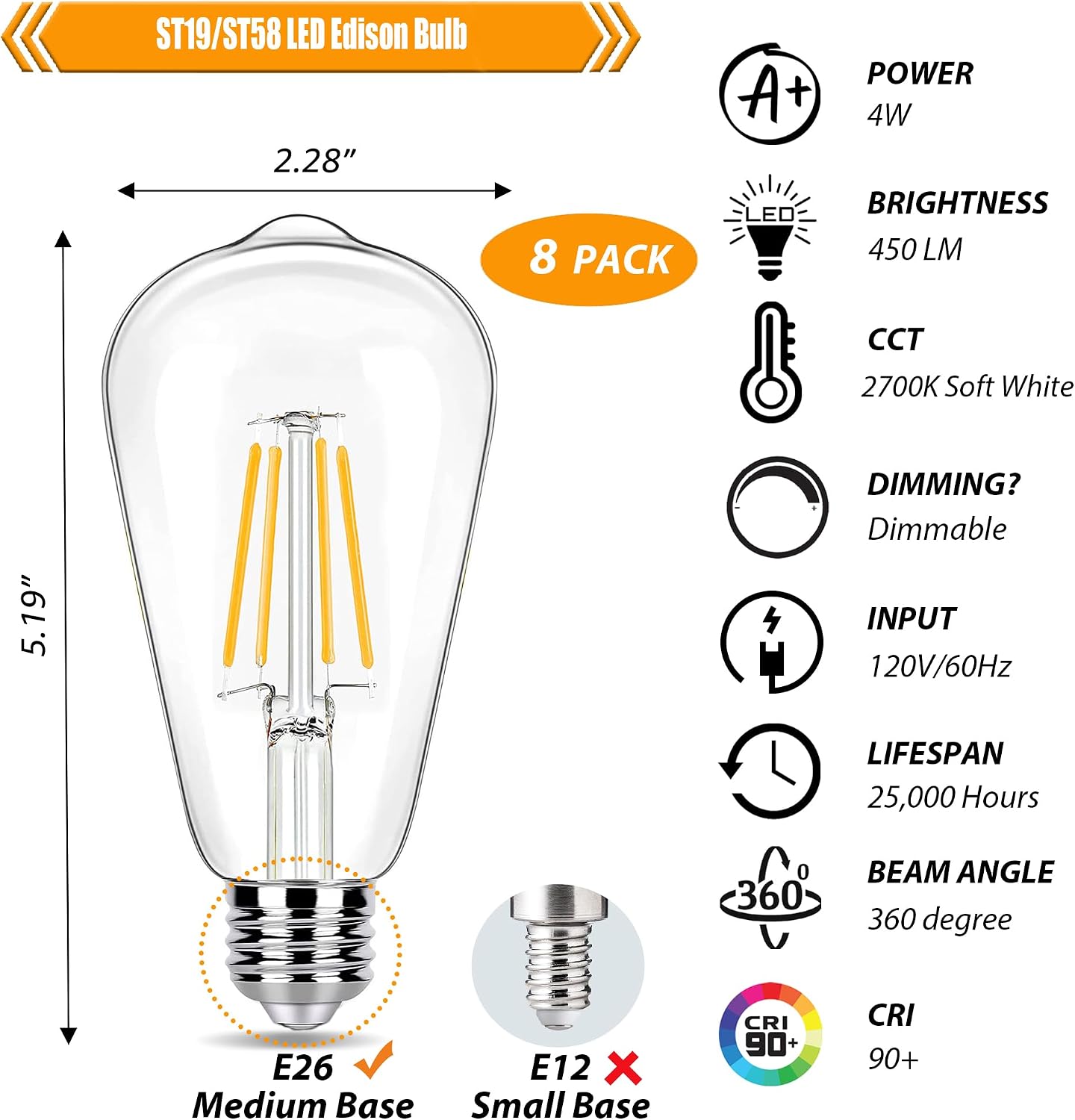 8 Pack Dimmable LED Edison Bulbs 40W Equivalent, 4W ST19 LED Light Bulbs for Ceiling Lighting Fixtures, 90 CRI, 450LM, E26 Base, 2700K Soft Warm White