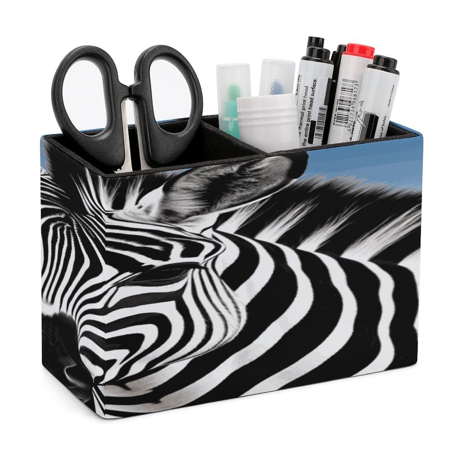 FekiLoot PU Leather Zebra Pen Holder for Desk 2 Compartments Desktop Stationary Organizer Rectangle Table Pencil Cup Stand Desktop Stationery Organizer Case for Office Home