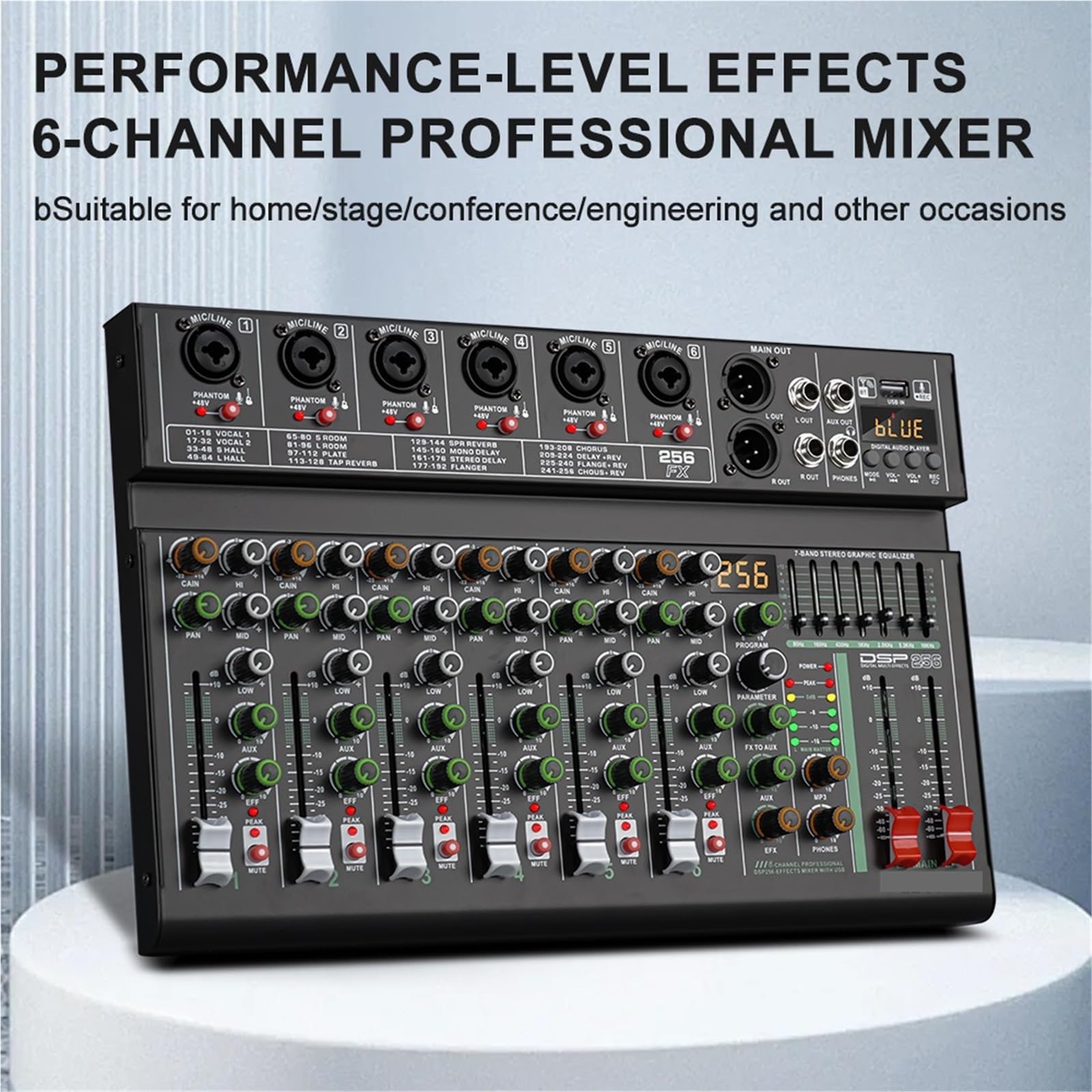 Mixer con effetti DSP a 6 canali, 256 canali, registrazione, PC, alimentazione Phantom a 48 V, mixer USB, console DJ Bluetooth, mixaggio