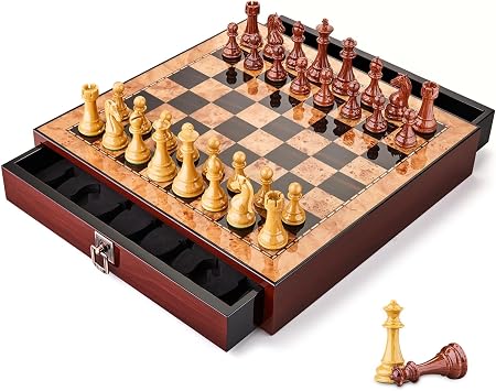 AMEROUS 17 inches Wooden Chess Set with High Polymer Weighted Chess Pieces / 2 Built-in Storage Drawers / 2 Extra Queens / 3.75 King, Classic Board Game