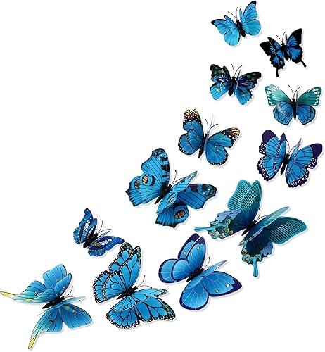 12 calcomanías de pared de mariposas extraíbles 3D azules con imanes para decoración del hogar, dormitorio, habitación de niños (doble capa, azul12