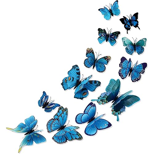 12PCS Butterfly Wall Decals Removable 3D Blue Butterflies Sticker with Magnets for Home Bedroom Kids Room Decor (Double Layer-Blue/12PCS)