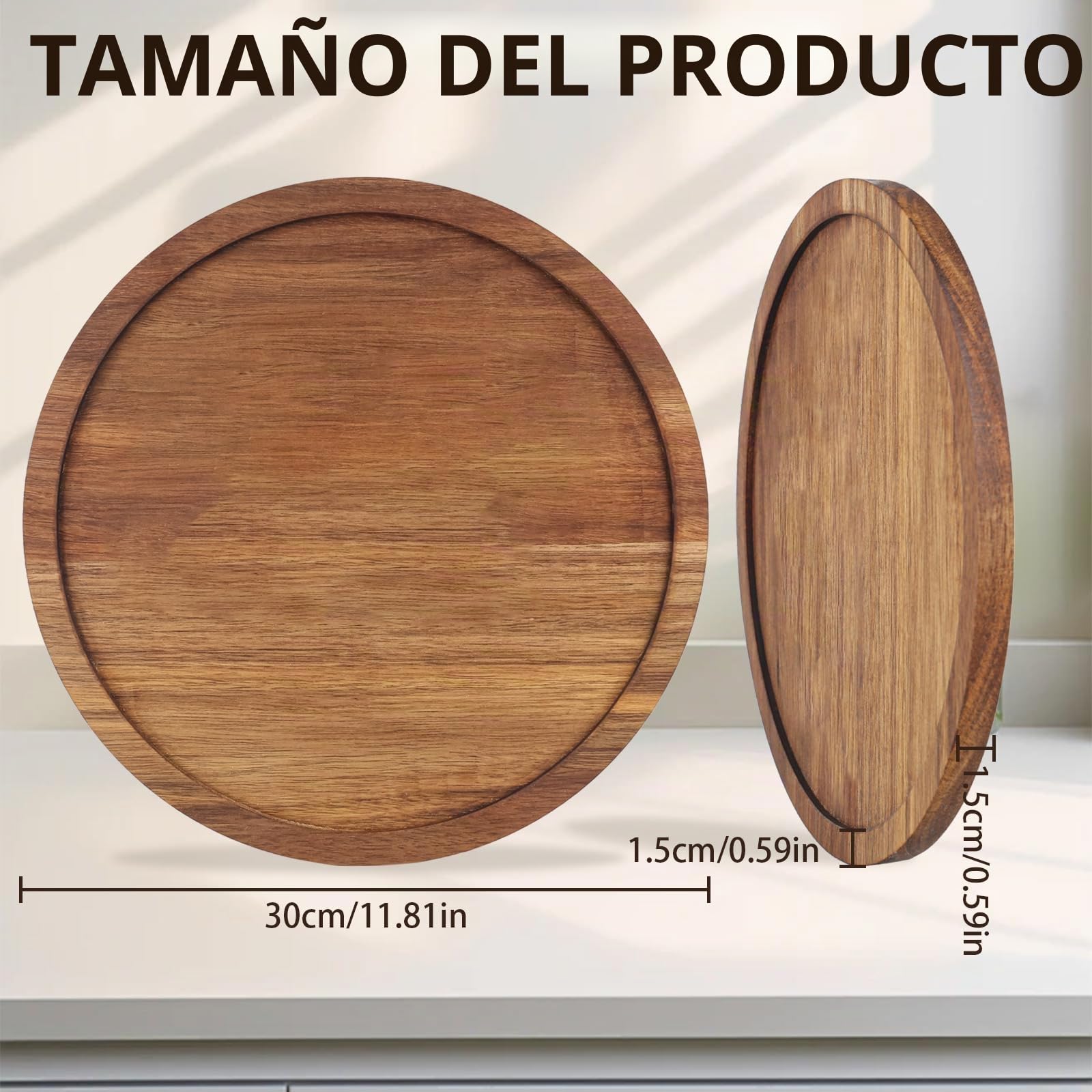 Bandeja redonda grande de madera de acacia, 30 cm, bandeja decorativa para servir, bandeja de servir de madera para bebidas, café, llaves, joyas y cosméticos