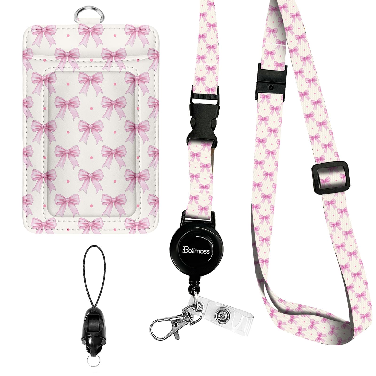 bolimoss Pink Bow Badge Holders, Cute PU Leather ID Card Name Bdge Holder with Detachable Neck Lanyard Strap and Retractable Badge Reel Metal Clip Sturdy Buckle for Key Wallet โ image 1