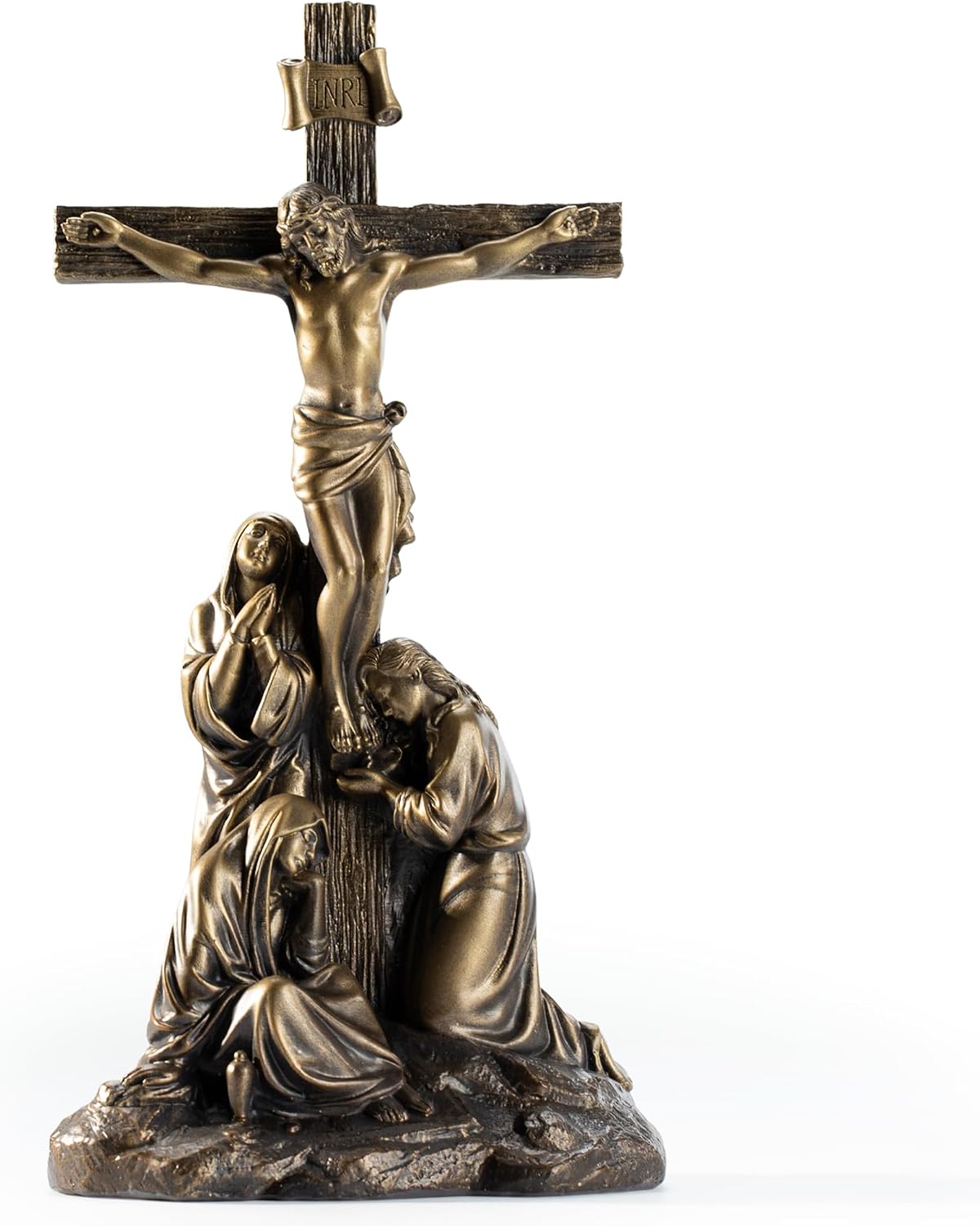 DevotedWalls Standing Crucifix Wall Cross, 12" H Crucifixion of Jesus Christ Scene Statue,Catholic Figurine Jesus with Virgin Mary,INRI Cross for Home Altar(Bronze Color)