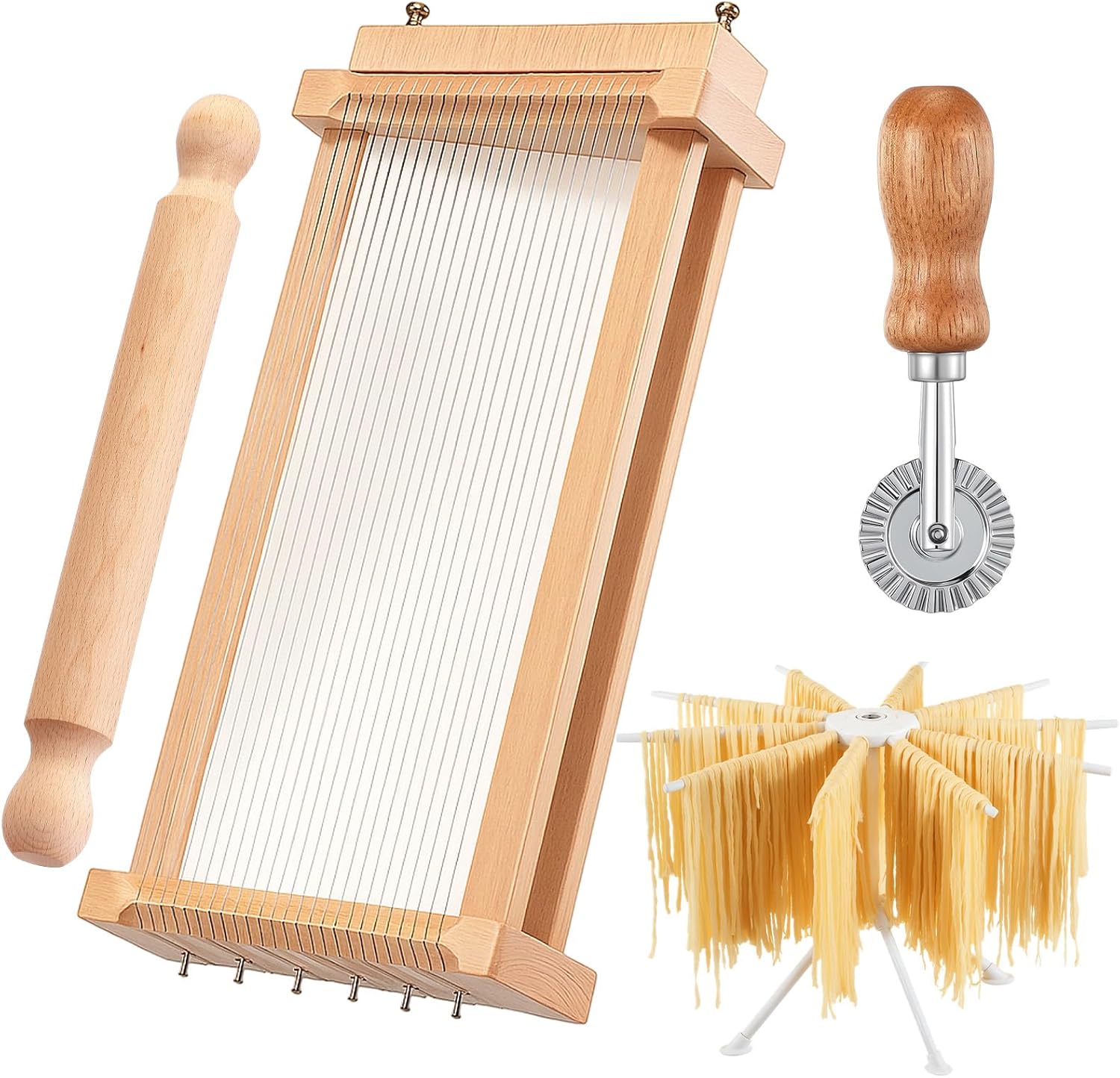 4 Pcs Pasta Maker Tool Set Include Chitarra Cutter Italian Pasta Guitar with Rolling Pin, Noodle Drying Rack, Ravioli Maker Cutter Making Tool for Spaghetti, Lasagna