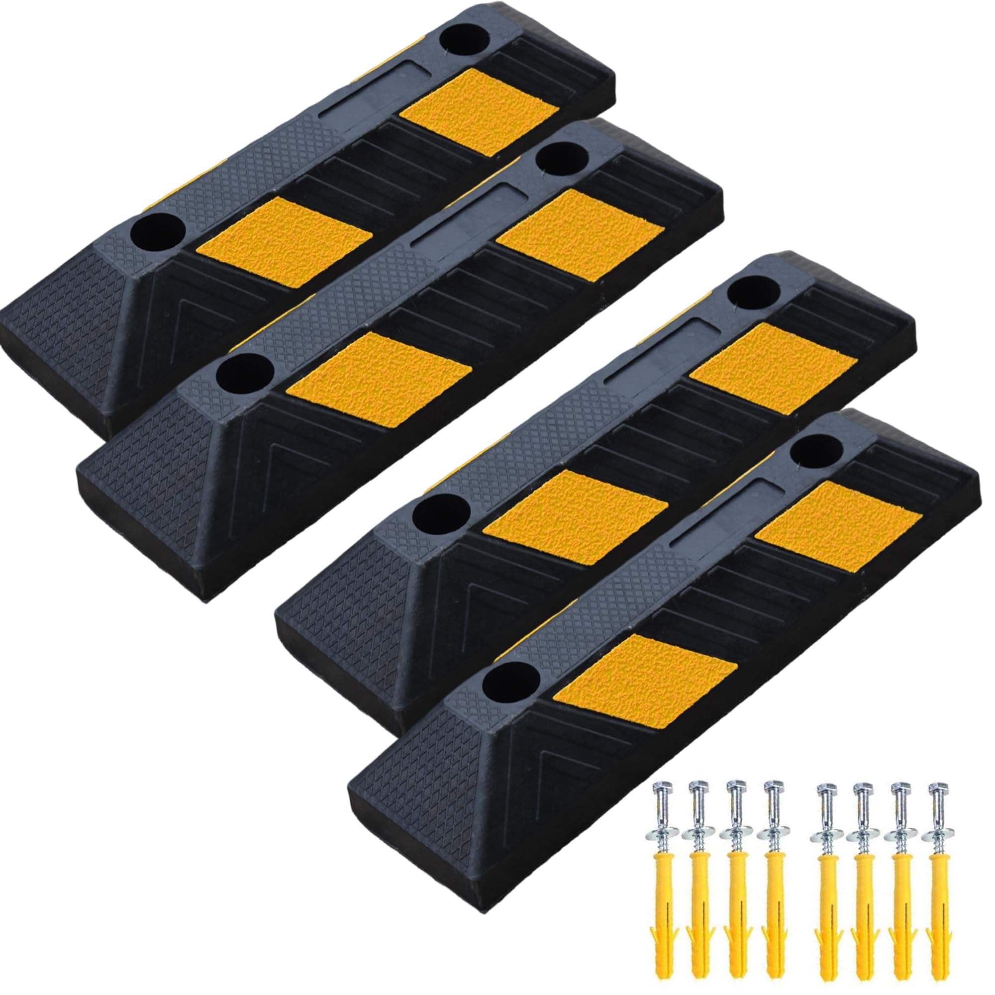 Lot de 4 bordures de parking avec bandes réfléchissantes jaunes, caoutchouc dur, dimensions : 55 x 15 x 10 cm, limite de place de stationnement, aide au stationnement pour montage au sol