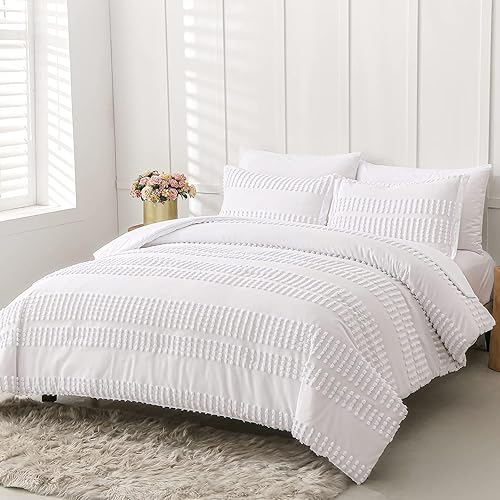 Miniatura 8 de Juego de edredón blanco tamaño King con sábanas, 7 piezas de cama en una bolsa, juego de edredón bohemio con pompones, juego de cama King de