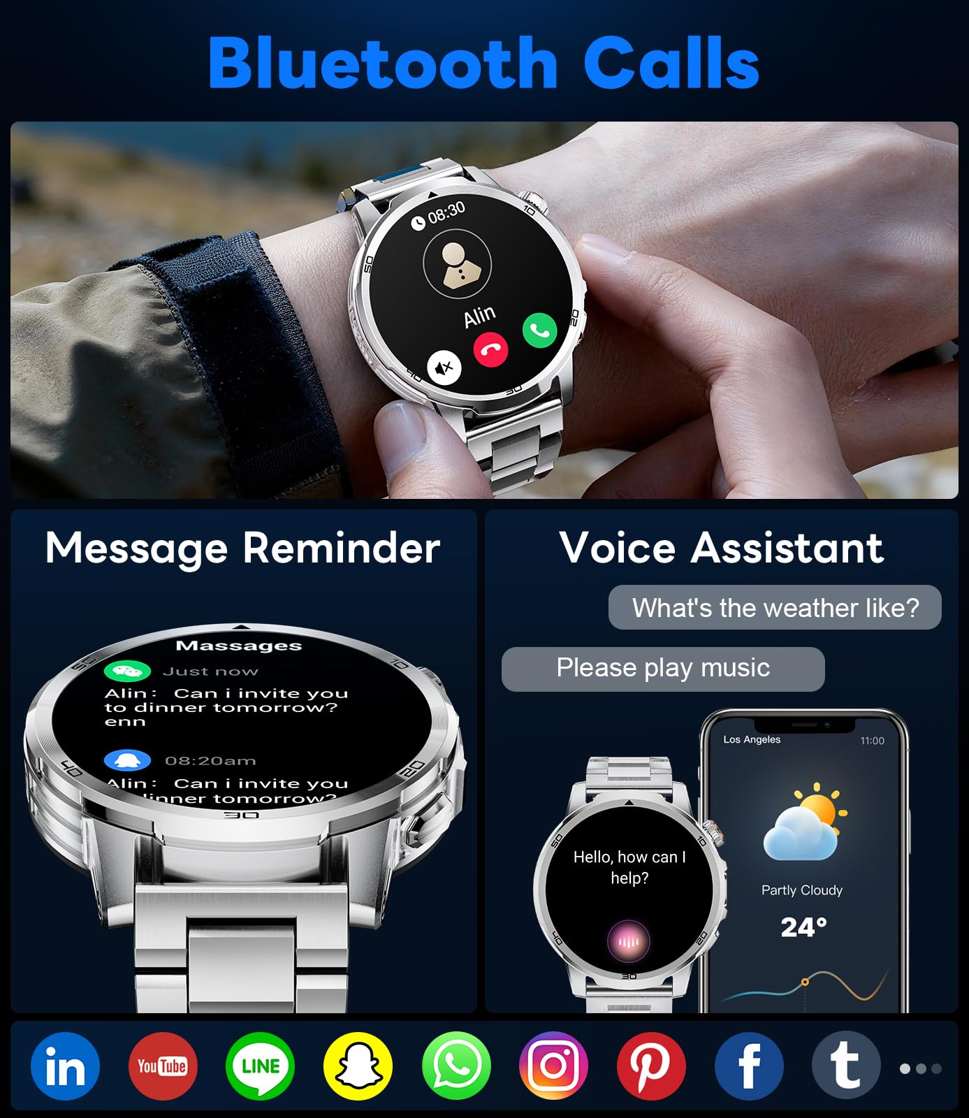 Smartwatch Uomo, 1,85 Pollici HD Display con Chiamate Bluetooth/1000 mAh/Torcia, Frequenza Cardiaca/Sonno, 110+ Modalità Sportive, Orologio Smartwatch Compatibile con Android e iOS, Argento