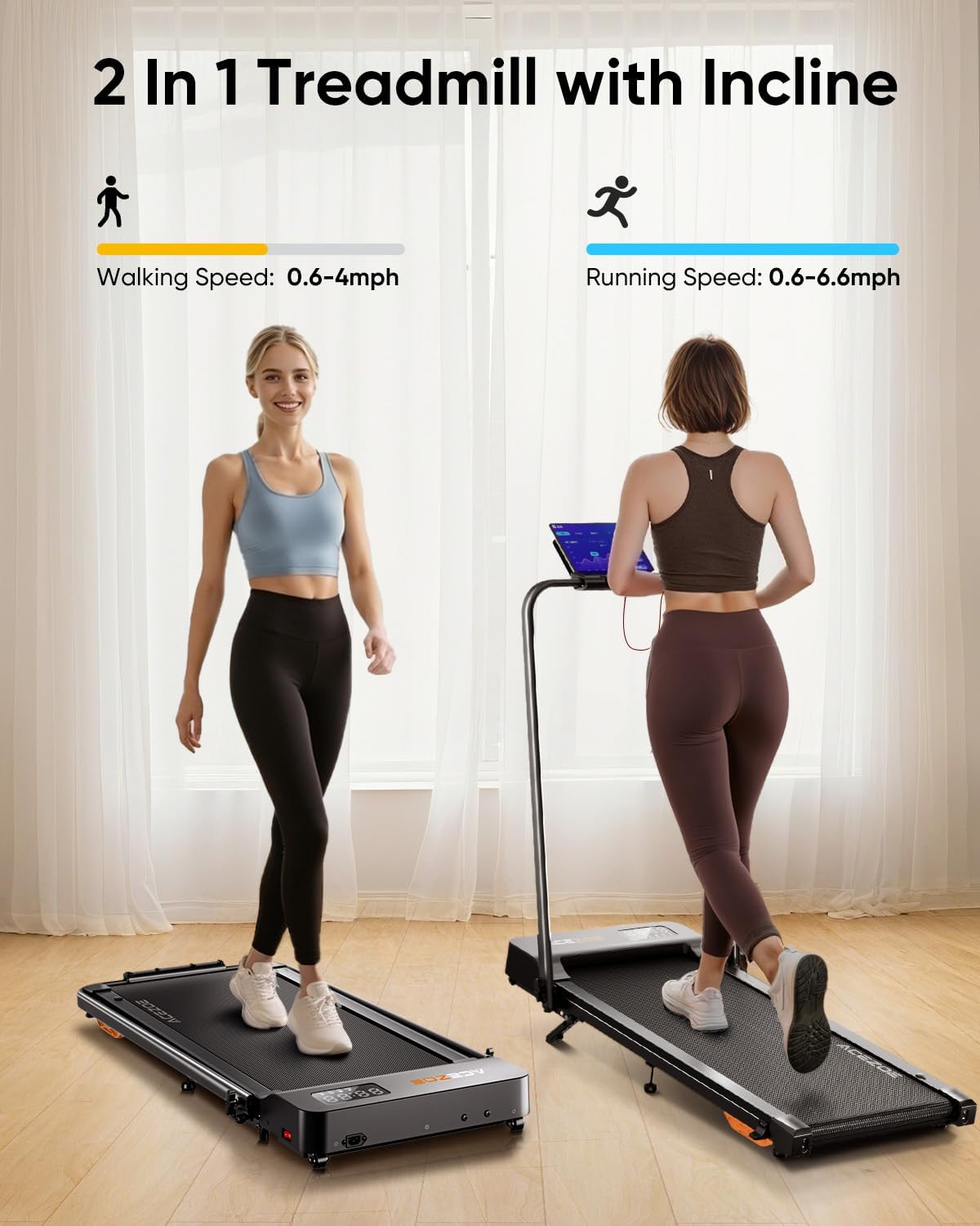 2-in-1 foldable treadmill with 3-level 10% incline, walking pad for home small office, compact portable under desk treadmill with handle,dual led display, app & remote, 300 lbs capacity black and orange