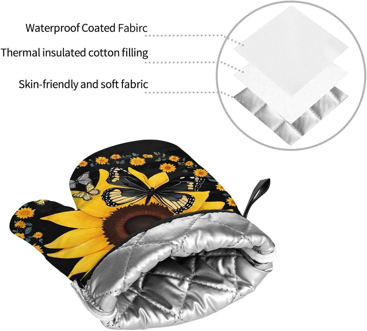 (Butterfly and Sunflower) Baking 4-Piece Set: 2 Oven Mitts and 2 Pot Holders Heat Resistant Waterproof Hanging Loop for Kitchen Oven Grill Housewarming Gifts