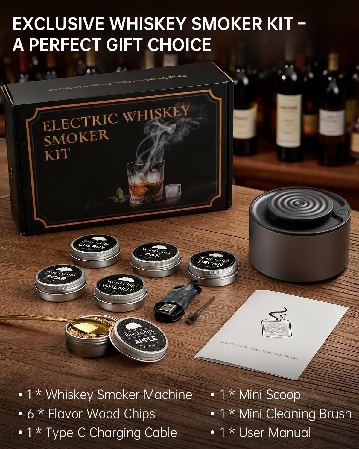 Electric Whiskey Smoker Kit, Rechargeable Bourbon Smoker Kit with 6 Flavors of Natural Wood Chips, Drink Smoker Infuser Kit Cocktail Idea Christmas Birthday Gifts for Men Husband Dad Him