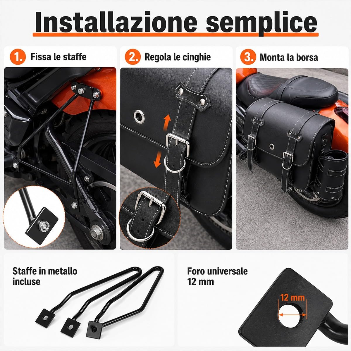 Borse Laterali Moto Grandi Coppia 32 x 13 x 25 cm, Borse Moto in Pelle PU con Portabicchieri E Staffe Metalliche, Borse Laterali Universali per Cruiser Scooter E Bike