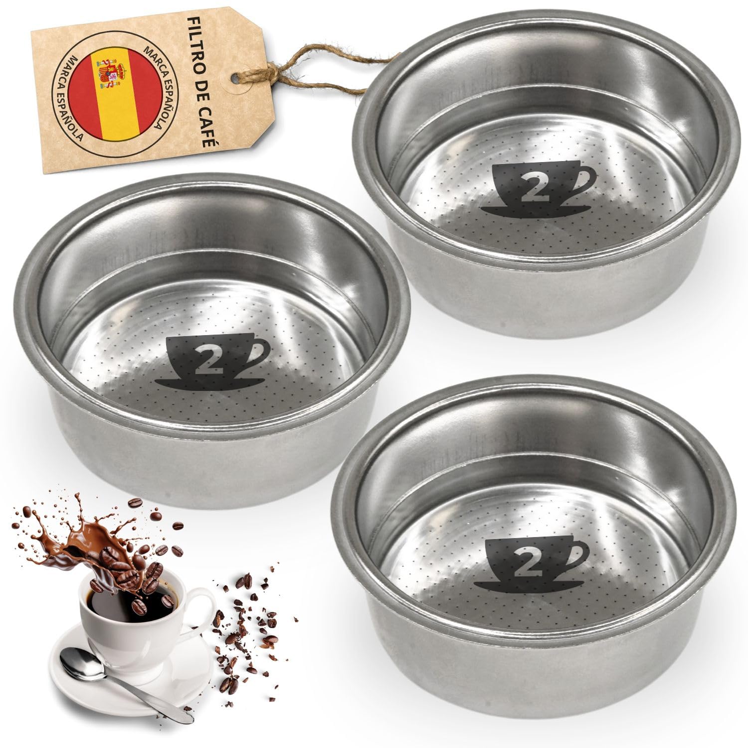 Filtro Cafetera Cecotec 51mm Presurizado | Compatible con Cafeteras Cecotec, Ufesa y Breville | Set de 2 o 3 Cazoletas | Repuesto Power Espresso 20 (Set 3 Filtros (2 Tazas))