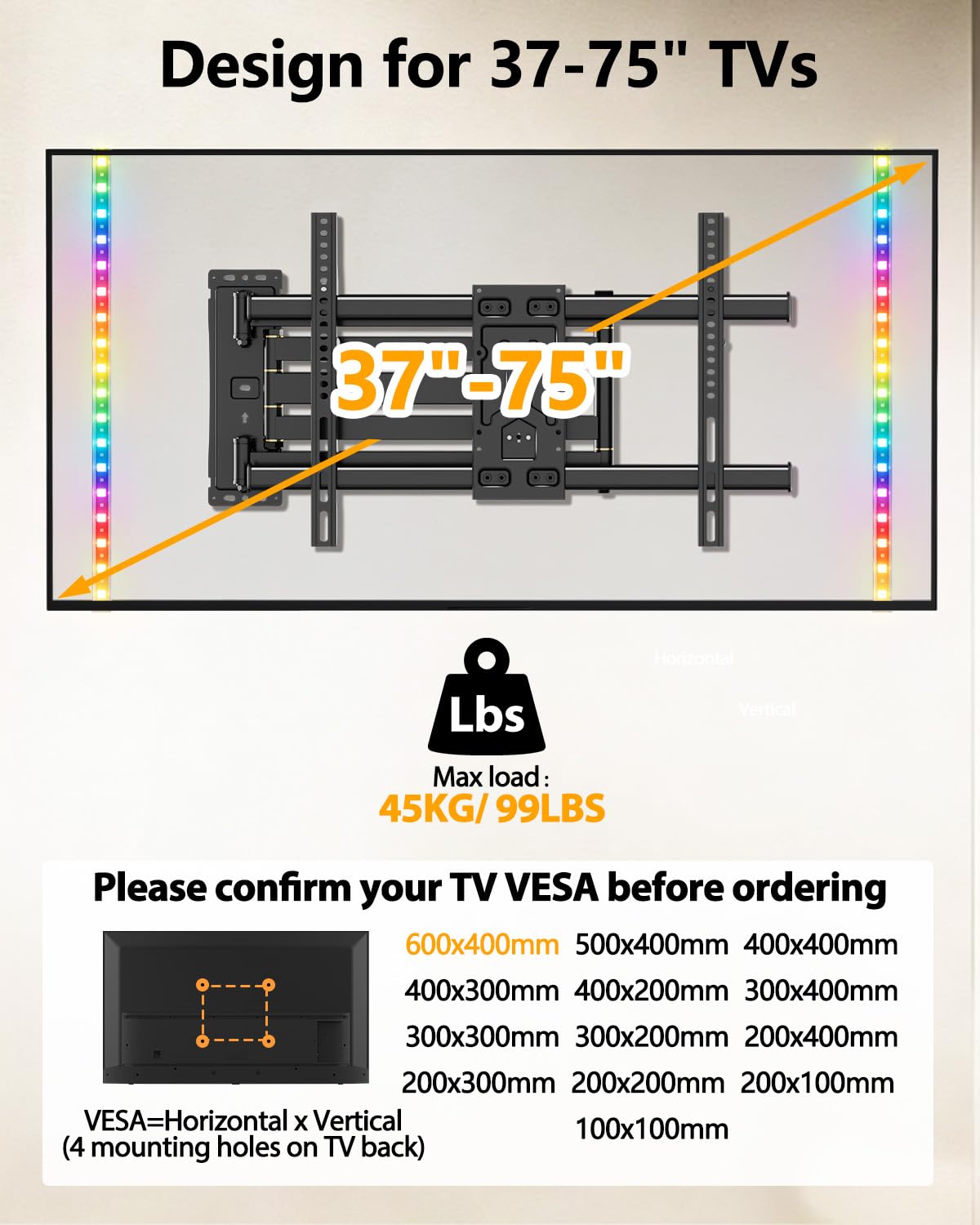 TV Wandhalterung für 35-75 Zoll TVs bis 45 kg mit LED-Beleuchtung | 1015mm langer Arm, Musik-Synchronisation, Schwenk, Erweiterungs und Neigefunktion, Max VESA 600x400mm