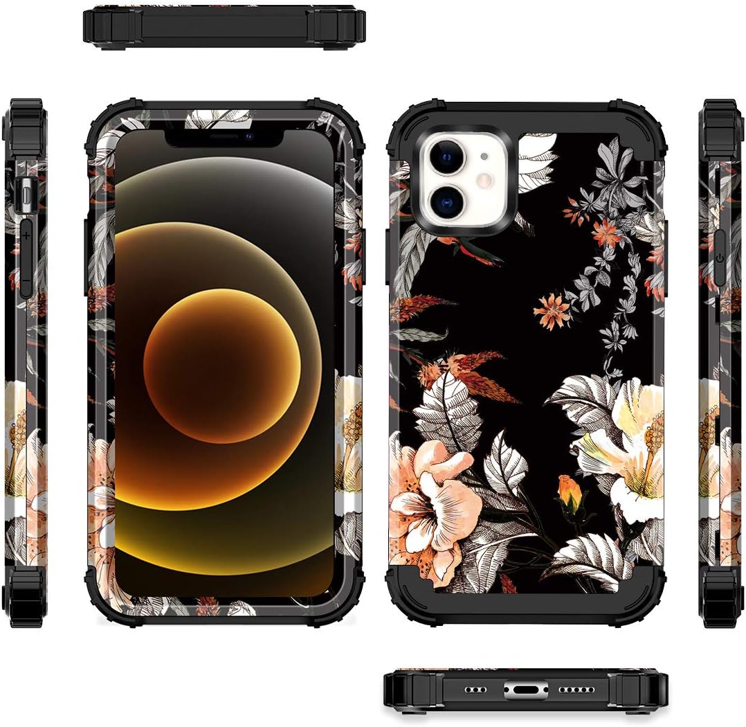 Rancase for iPhone 12 Case,iPhone 12 Pro Case,Three Layer Heavy Duty Shockproof Protection Hard Plastic Bumper +Soft Silicone Rubber Protective Case for Apple iPhone 12/12 Pro,Orange Flower