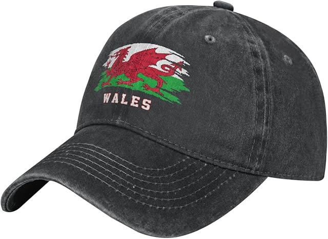 WanwEN Washed Denim Wales Flag Welsh Baseball Cap Men Black Vintage Cotton Hat Unisex Dad Trucker Hats Women, 7-7 1/4