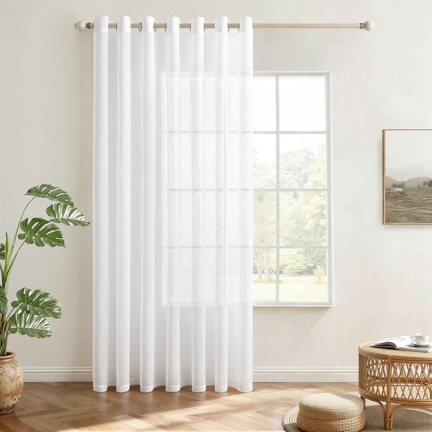 EMEMA Sheer - Set di 1 tenda in voile con occhielli, trasparente, in voile, poliestere, trasparente, per soggiorno, camera da letto, 200 x 225 cm (larghezza x altezza), colore bianco