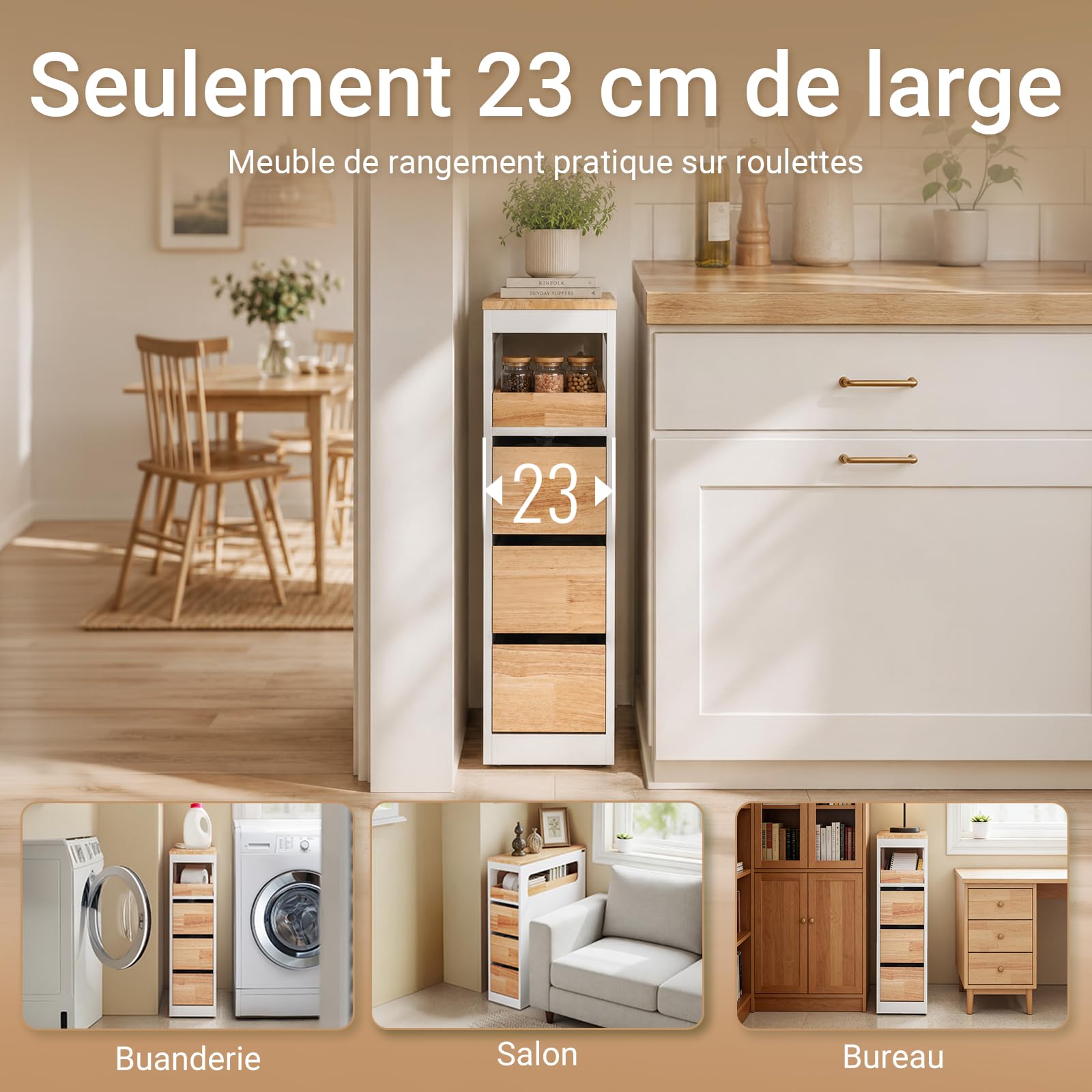 SoBuy Chariot de Rangement Cuisine Fin à 4 Niveaux, Meuble Bas de Cuisine Desserte à roulettes Tour de Rangement Étroit Gain de Place, Blanc et Bois 65x23x82cm BZR54-III-WN
