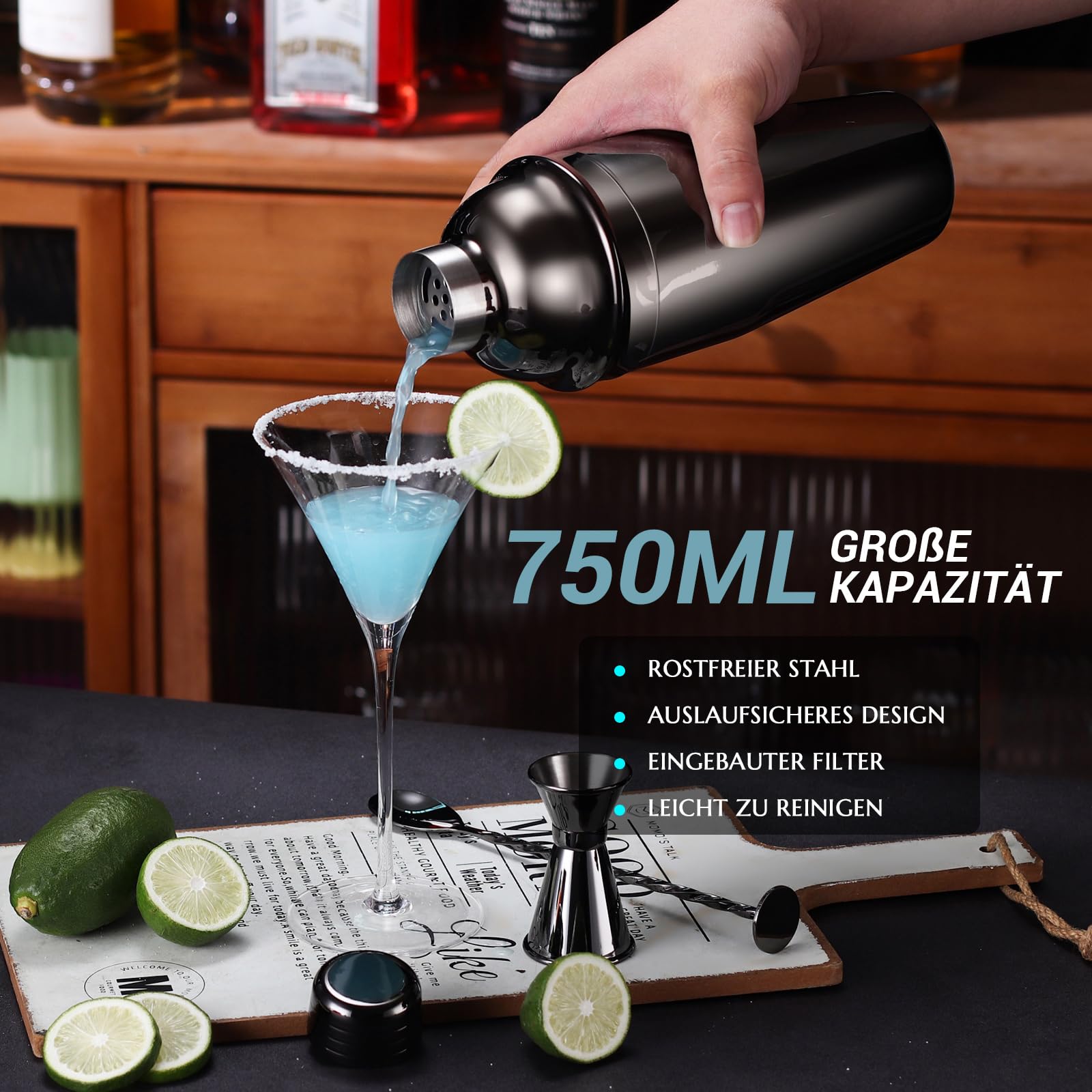 Cocktail Shaker Set, 12 Teiliges Edelstahl Bar Zubehör Set, 750ML Shaker Barkeeper Set mit Ständer, Ideales Cocktail Maschine Barkeeper Set für die Hausbar (Schwarz)